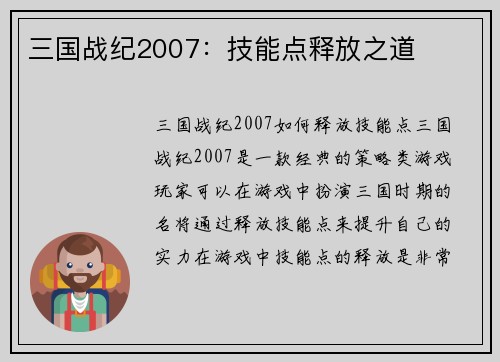 三国战纪2007：技能点释放之道