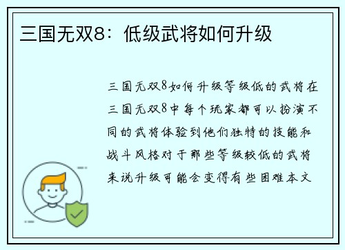 三国无双8：低级武将如何升级